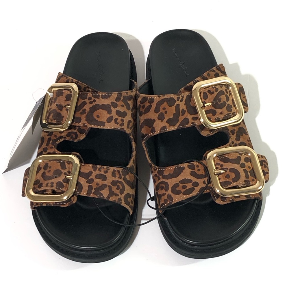 Universal Thread Collin Double Buckle Footbed Sandals Brown Leopard Slides - Picture 4 of 6
